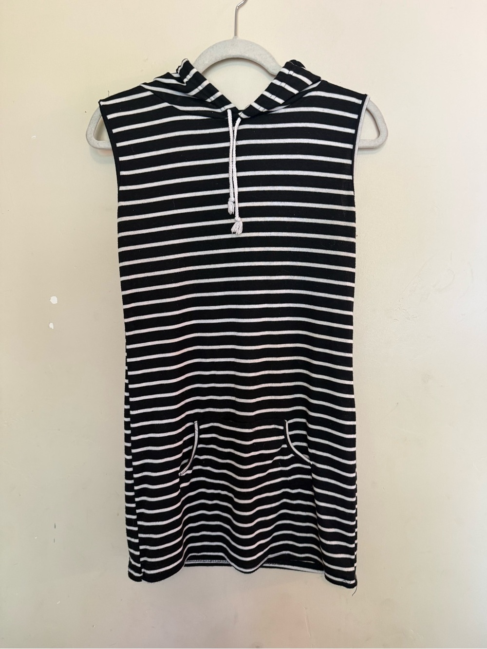 Sleeveless Striped Hooded Mini Dress in Black & White with Front Pocket